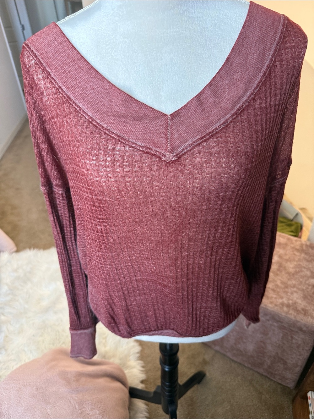 We The Free Waffle Knit V-Neck Sweater in Dusty Rose